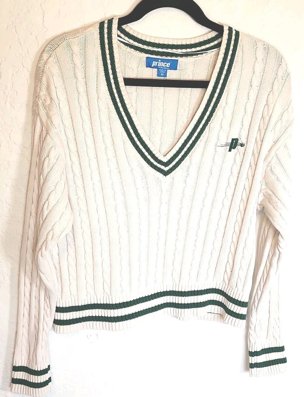Prince Ivory Cable-Knit V-Neck Pickleball Sweater W Green‎ Stripe Cropped Size M
